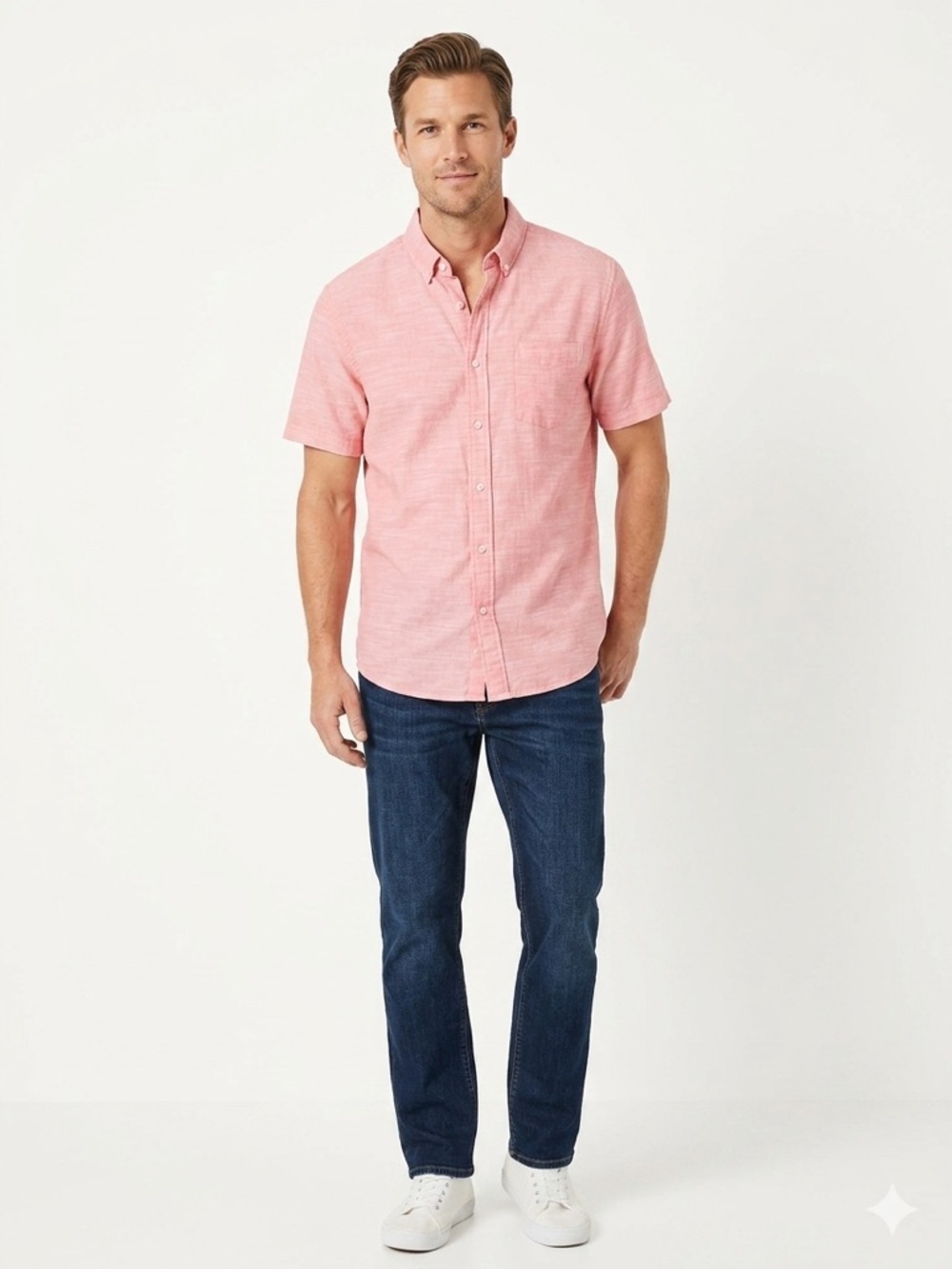 Men’s Coral Pink Button Down Shirt 2XL Short Sleeve Casual Summer Top